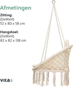 Vita5 Macramé Hangstoel - Voor Binnen En Buiten - Zonder Standaard - Incl. Kussen, Boekenvak En Beschermhoes - Tot 150kg - Beige -Gardena Verkoop 1020x1200