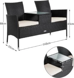 Casaria Polyrattan Tuinbank - Incl. Kussen - 143x55x88 Cm Zwart -Gardena Verkoop 1150x1200