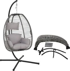 Pro Garden Lowander Hangstoel Egg 191x126x126- Schommelstoel Met Rattan Cocoon En Robuust Stalen Standaard Incl. Kussens - Volledig Inklapbaar - Lichtgrijs -Gardena Verkoop 1185x1200