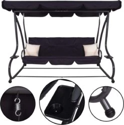 Springos Schommelbank | Linda-Schommel | 3-zits | Waterafstotend | Inclusief 2 Kussens | Verstelbare Luifel | 162 X 200 X 120 Cm | Zwart -Gardena Verkoop 1194x1200 1