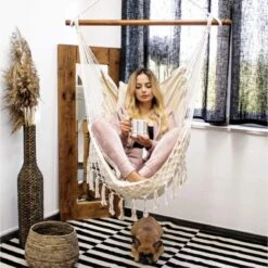 Springos Hangstoel | Binnen & Buiten | Met 2 Kussens | Boekenvak | Ook Voor Kinderen | Belastbaar Tot 150 Kg | Wit -Gardena Verkoop 1198x1200 7