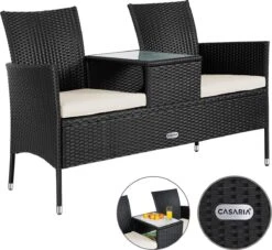 Casaria Polyrattan Tuinbank - Incl. Kussen - 143x55x88 Cm Zwart -Gardena Verkoop 1200x1101