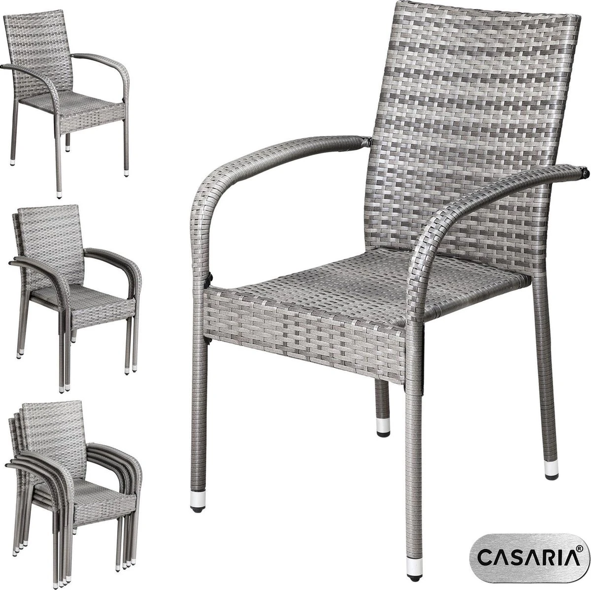 Casaria Polyrattan Tuinstoelen – 4 Stuks Stapelbaar – Grijs 8 Casaria Polyrattan Tuinstoelen – 4 Stuks Stapelbaar – Grijs - Afbeelding 6