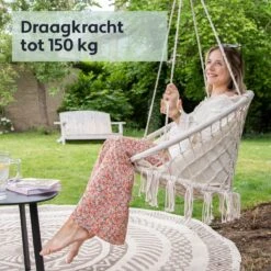 Vita5 Macramé Hangstoel - Voor Binnen En Buiten - Zonder Standaard - Incl. Kussen, Boekenvak En Beschermhoes - Tot 150kg - Beige -Gardena Verkoop 1200x1200 552