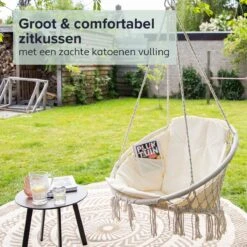 Vita5 Macramé Hangstoel - Voor Binnen En Buiten - Zonder Standaard - Incl. Kussen, Boekenvak En Beschermhoes - Tot 150kg - Beige -Gardena Verkoop 1200x1200 554