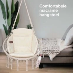 Vita5 Macramé Hangstoel - Voor Binnen En Buiten - Zonder Standaard - Incl. Kussen, Boekenvak En Beschermhoes - Tot 150kg - Beige -Gardena Verkoop 1200x1200 555