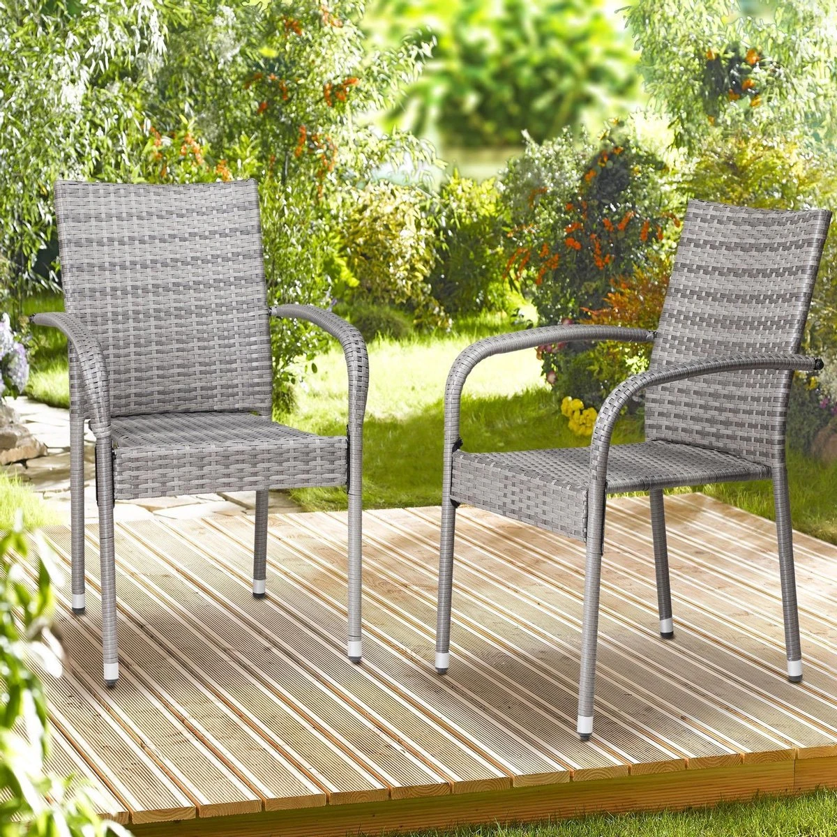 Casaria Polyrattan Tuinstoelen – 4 Stuks Stapelbaar – Grijs 6 Casaria Polyrattan Tuinstoelen – 4 Stuks Stapelbaar – Grijs - Afbeelding 4