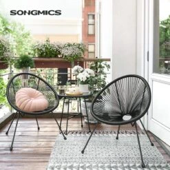 Songmics Balkonmeubilair, Tuinmeubelset, Set Van 3, Zitgroep, Terrasmeubilair, Glazen Tafelblad, 2 Stoelen, Voor Binnen En Buiten, Voor Patio, Tuin, Balkon, Buiten, Zwart GGF013B02 -Gardena Verkoop 1200x1200 705