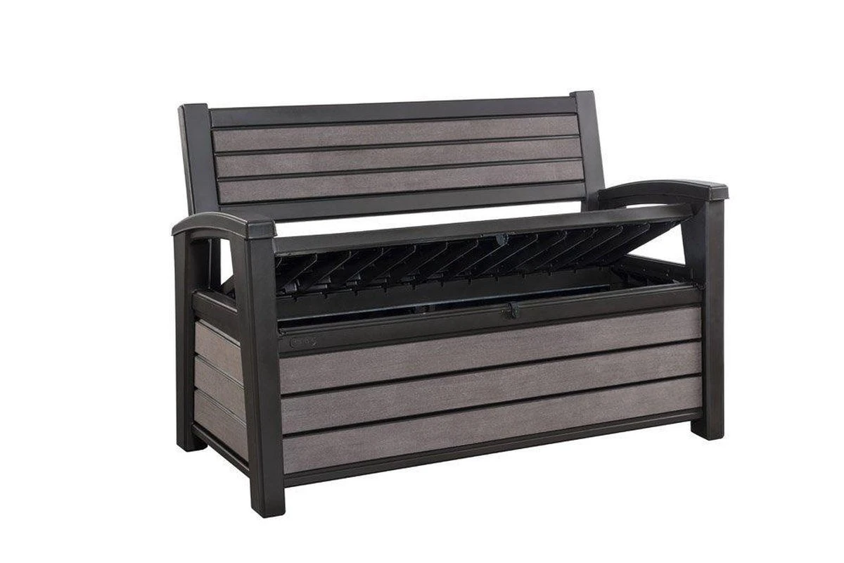 Keter - Hudson Bench Box - 2-zits Bank - Opbergbox - Hout Look & Feel - 227L - 138x63x89cm - Antraciet 13 Keter - Hudson Bench Box - 2-zits Bank - Opbergbox - Hout Look & Feel - 227L - 138x63x89cm - Antraciet - Afbeelding 11
