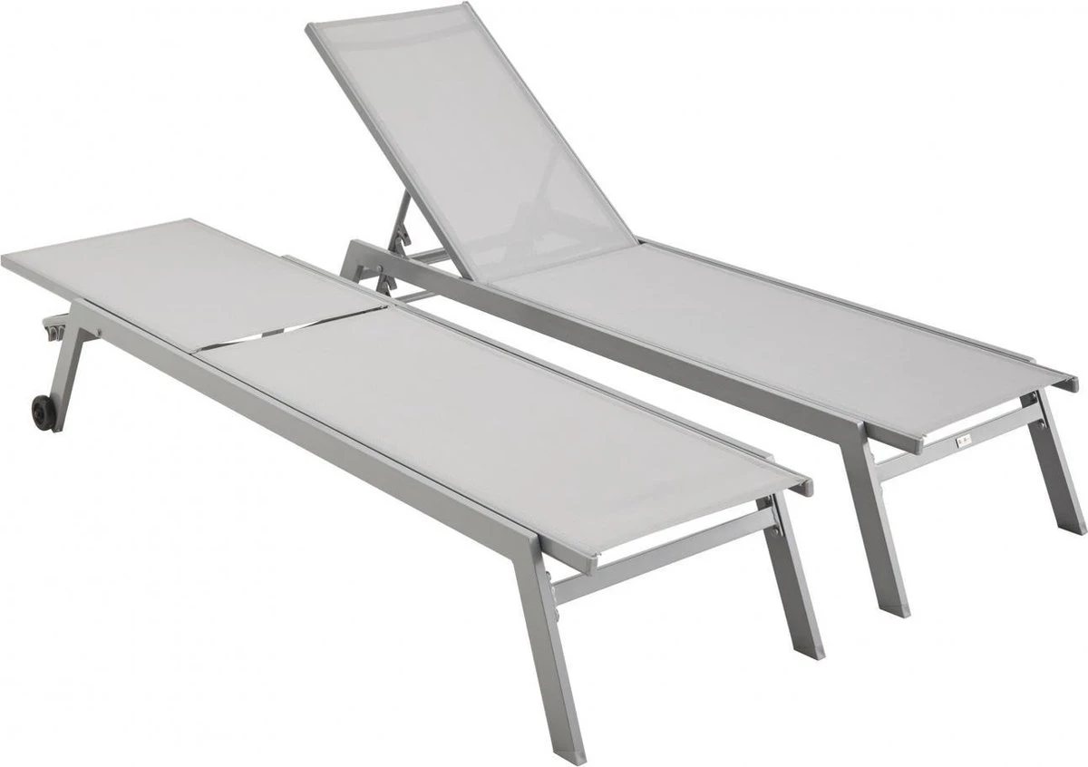 ELSA - Set Van 2 Ligstoelen Van Aluminium En Textileen, Ligbed Multipositioneel Met Wieltjes, Kleur Grijs/lichtgrijs 7 ELSA - Set Van 2 Ligstoelen Van Aluminium En Textileen, Ligbed Multipositioneel Met Wieltjes, Kleur Grijs/lichtgrijs - Afbeelding 5