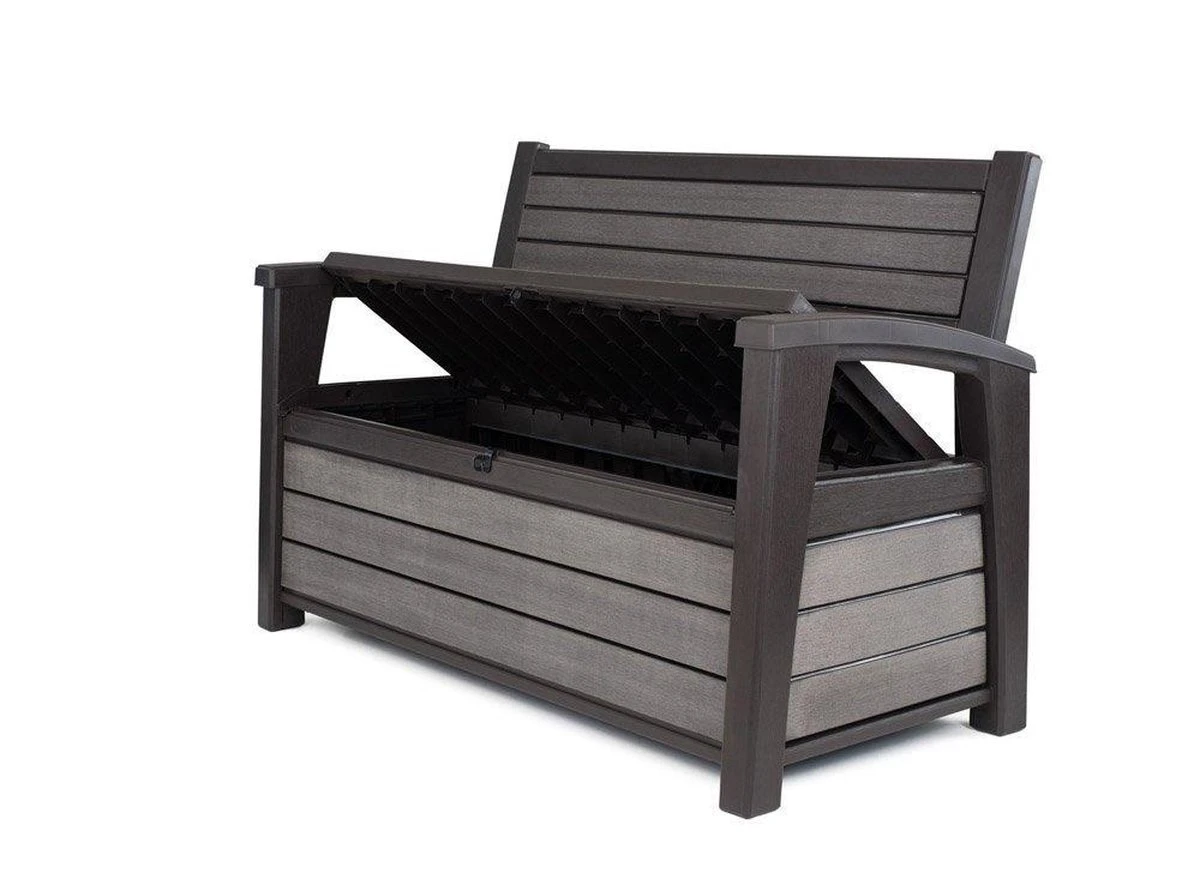 Keter - Hudson Bench Box - 2-zits Bank - Opbergbox - Hout Look & Feel - 227L - 138x63x89cm - Antraciet 10 Keter - Hudson Bench Box - 2-zits Bank - Opbergbox - Hout Look & Feel - 227L - 138x63x89cm - Antraciet - Afbeelding 8