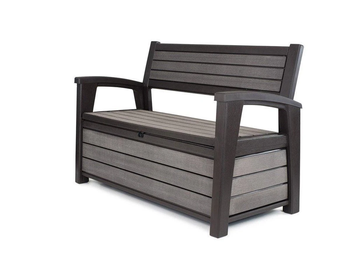Keter - Hudson Bench Box - 2-zits Bank - Opbergbox - Hout Look & Feel - 227L - 138x63x89cm - Antraciet 3 Keter - Hudson Bench Box - 2-zits Bank - Opbergbox - Hout Look & Feel - 227L - 138x63x89cm - Antraciet